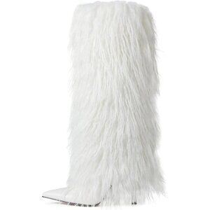 Womens White Fur Knee High Boots with Heels Wide Calf Tall Fold Over Party Boots